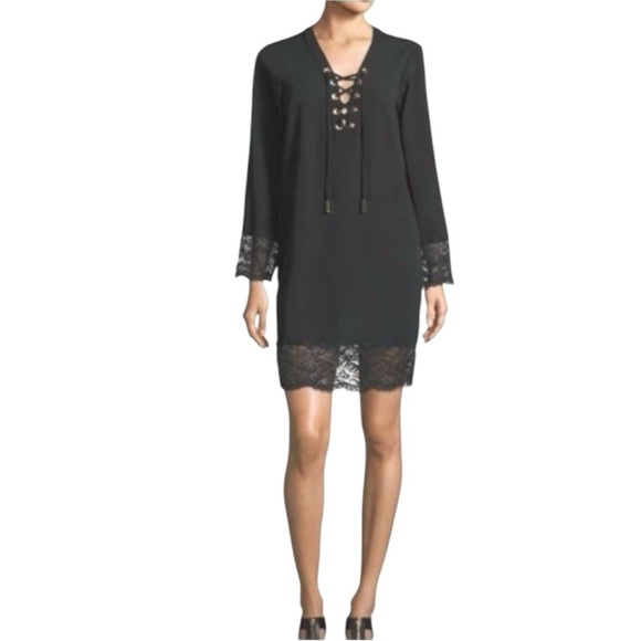 Michael Kors‎ Black Lace Grommet Mini Dress Long Sleeve Tie Front Size 8 Party - Picture 1 of 11
